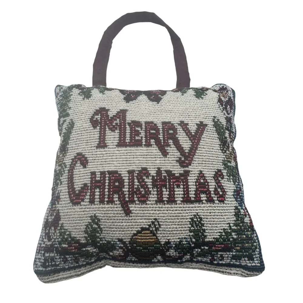Merry Christmas Hanging Decorative Pillow Festive Tapestry With Handle Burgundy